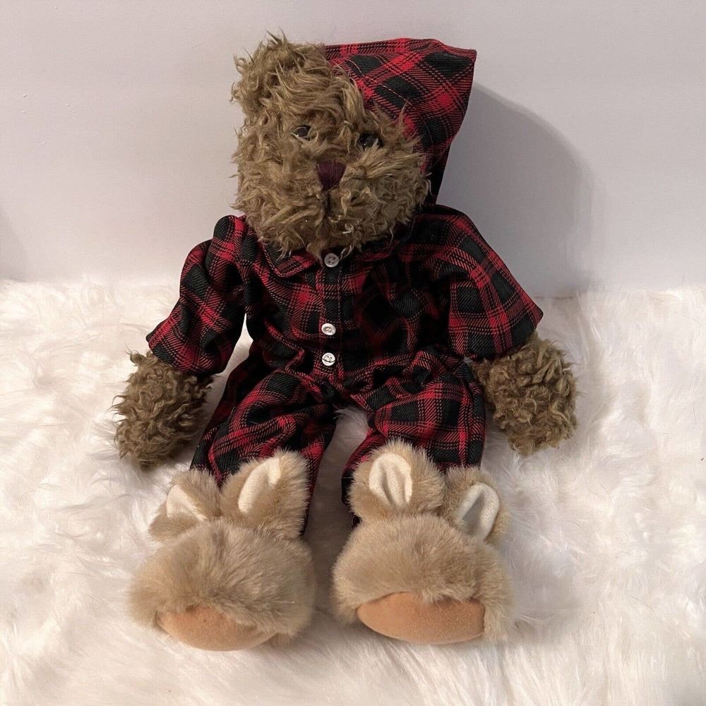 ABC Distributing 18” Plush Teddy Bear Red Plaid Nightgown Bunny Slippers Pajamas